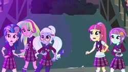 Size: 1280x720 | Tagged: safe, derpibooru import, edit, edited screencap, screencap, indigo zap, lemon zest, sour sweet, sugarcoat, sunny flare, human, equestria girls, g4, canterlot high, clothes, crystal prep academy, crystal prep academy uniform, crystal prep shadowbolts, cute, female, glasses, headphones, image, my little pony equestria girls: friendship games, open mouth, png, scared, school uniform, shadow five, shocked, uniform, worried