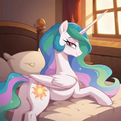 Size: 1024x1024 | Tagged: safe, machine learning generated, prompter:harvydraws, princess celestia, alicorn, pony, g4, bed, bedroom eyes, butt, female, folded wings, image, jpeg, lidded eyed, mare, on bed, plot, smiling, solo, wings