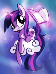 Size: 619x814 | Tagged: dead source, safe, artist:xxacidnekoxx, derpibooru import, twilight sparkle, pony, unicorn, g4, :p, book, bow, cloud, female, full body, horn, image, looking at you, mare, on a cloud, png, smiling, smiling at you, solo, space background, sparkles, tail, tail bow, tongue out