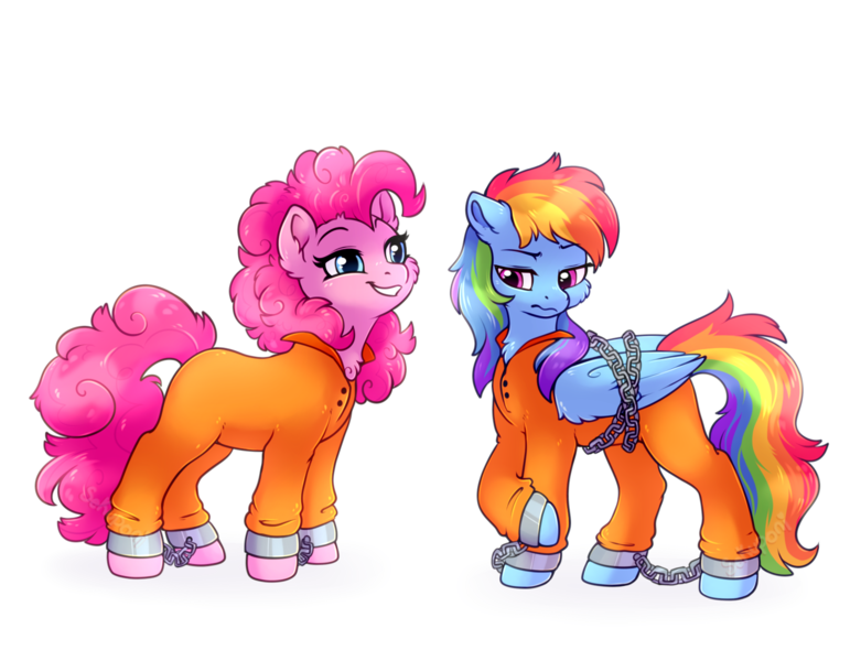 Size: 1561x1200 | Tagged: safe, artist:sekuponi, derpibooru import, pinkie pie, rainbow dash, g4, bound wings, chained, chains, clothes, commissioner:rainbowdash69, cuffed, image, never doubt rainbowdash69's involvement, png, prison outfit, prisoner, prisoner pp, prisoner rd, shackled, shackles, wings