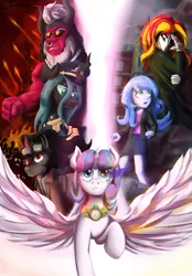 Size: 1600x2300 | Tagged: safe, artist:soursweet cheese, derpibooru import, king sombra, lord tirek, princess flurry heart, queen chrysalis, oc, alicorn, centaur, changeling, human, pony, taur, equestria girls, g4, alternate universe, clothes, crystal prep academy, hat, image, military uniform, png, sombra eyes, uniform