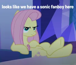 Size: 630x538 | Tagged: safe, derpibooru import, edit, edited screencap, screencap, fluttershy, pegasus, pony, g4, to where and back again, crossed legs, disguise, disguised changeling, hoof on belly, image, my little pony, png, sitting, solo, twilight's castle