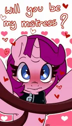 Size: 981x1702 | Tagged: safe, artist:lou, ponerpics import, oc, unofficial characters only, pony, blushing, dialogue, female, holiday, image, jpeg, leash, mare, solo, valentine's day