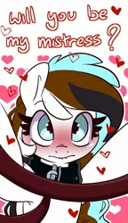 Size: 981x1702 | Tagged: safe, artist:lou, ponerpics import, oc, unofficial characters only, pony, blushing, dialogue, female, holiday, image, jpeg, leash, mare, solo, valentine's day