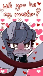 Size: 981x1702 | Tagged: safe, artist:lou, ponerpics import, oc, unofficial characters only, pony, blushing, dialogue, female, holiday, image, jpeg, leash, mare, solo, valentine's day