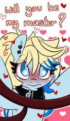 Size: 981x1702 | Tagged: safe, artist:lou, ponerpics import, oc, unofficial characters only, pony, blushing, dialogue, female, holiday, image, jpeg, leash, mare, solo, valentine's day