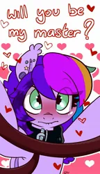 Size: 981x1702 | Tagged: safe, artist:lou, ponerpics import, oc, unofficial characters only, pony, blushing, dialogue, female, holiday, image, jpeg, leash, mare, solo, valentine's day