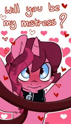 Size: 981x1702 | Tagged: safe, artist:lou, ponerpics import, oc, unofficial characters only, pony, blushing, dialogue, female, holiday, image, jpeg, leash, mare, solo, valentine's day