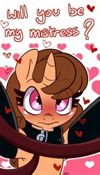 Size: 981x1702 | Tagged: safe, artist:lou, ponerpics import, oc, oc:buttercup shake, unofficial characters only, pony, blushing, clothes, dialogue, female, gloves, holiday, image, jpeg, latex, latex gloves, leash, mare, solo, valentine's day