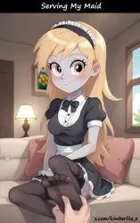 Size: 2000x3186 | Tagged: suggestive, ai content, derpibooru import, machine learning generated, prompter:kimberlite, stable diffusion, derpy hooves, equestria girls, g4, ai composition, clothes, feet, female, fetish, foot fetish, image, light skin, looking at you, maid, male, offscreen character, offscreen male, pillow, pink underwear, png, seductive, sock fetish, solo, solo female, story in the source, thin, underp, underwear, uniform fetish