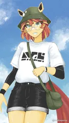 Size: 2461x4352 | Tagged: safe, artist:deeemperor, derpibooru import, sunset shimmer, equestria girls, g4, alternate hairstyle, bag, blushing, bucket hat, clothes, cloud, cute, ears, female, glasses, grin, hat, image, jpeg, ponied up, shimmerbetes, shirt, shorts, sky, smiling, solo, wristband