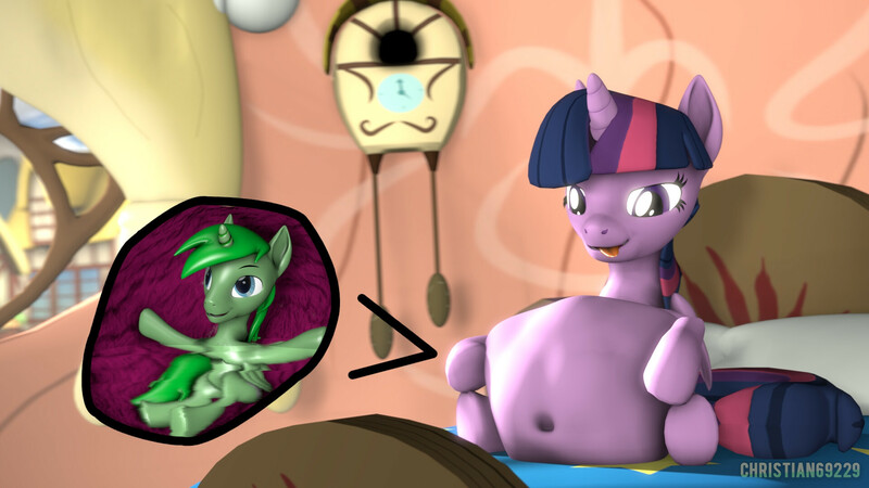 Size: 1920x1080 | Tagged: questionable, artist:christian69229, ponerpics import, twilight sparkle, oc, unofficial characters only, pony, 3d, belly, big belly, female, image, jpeg, male, male and female, mare, stallion, vore