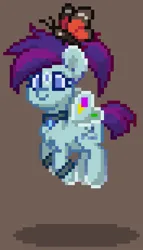 Size: 704x1232 | Tagged: safe, derpibooru import, oc, oc:mystique, unofficial characters only, butterfly, butterfly pony, hybrid, insect, pegasus, pony, pony town, g4, blue coat, blue eyes, blue hair, blue mane, blue tail, bracelet, brown background, butterfly wings, coat markings, digital art, facial markings, female, flying, image, jewelry, mare, necklace, offspring, parent:rarity, parent:thunderlane, parents:rarilane, pegasus oc, pixel art, png, ponytail, purple hair, purple mane, purple tail, simple background, solo, star (coat marking), tail, tied mane, two toned hair, two toned mane, two toned tail, wings