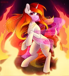 Size: 2000x2200 | Tagged: safe, artist:erein, derpibooru import, oc, oc:scarlet, unofficial characters only, pony, unicorn, ears up, eyelashes, eyeshadow, female, fire, high res, horn, image, jewelry, jpeg, looking at you, makeup, mare, multicolored mane, outdoors, pink eyes, red mane, smiling, smiling at you, solo, unicorn oc, veil, white coat