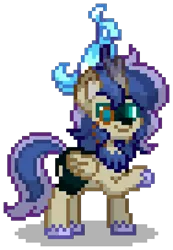 Size: 752x1088 | Tagged: safe, derpibooru import, oc, oc:moon glow, unofficial characters only, alicorn, hybrid, kirin, phoenix, pony, pony town, g4, alicorn oc, blue hair, blue mane, blue tail, cyan eyes, digital art, facial hair, goatee, gradient horn, horn, hybrid oc, image, interspecies offspring, kirin oc, magical lesbian spawn, male, monocle, offspring, parent:princess luna, parent:rain shine, parents:rainuna, pixel art, png, raised hoof, scales, sideburns, simple background, solo, stallion, tail, tan coat, transparent background, wings