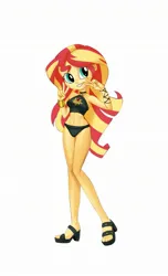 Size: 1311x2160 | Tagged: safe, artist:alfarizj, derpibooru import, sunset shimmer, human, g4, beach shorts swimsuit, belly button, black bikini, bracelet, breasts, busty sunset shimmer, clothes, curvy, cutie mark, cutie mark on clothes, cyan eyes, double peace sign, female, geode of empathy, grin, high heel sandals, hourglass figure, image, jewelry, jpeg, looking sideways, magical geodes, peace sign, pinup, pose, sandals, sideboob, simple background, smiling, solo, standing, sunset shimmer's beach shorts swimsuit, tankini, two toned hair, white background