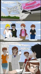 Size: 3508x6228 | Tagged: safe, artist:tfsubmissions, derpibooru import, part of a set, human, comic:the mane attraction, brony, brown hair, clothes, comic, convention, cutie mark, cutie mark on clothes, denim, denim shorts, dialogue, facial hair, glasses, grammar error, group, high res, human male, image, imminent transformation, jpeg, light skin, male, male to female, pants, part of a series, rule 63, shirt, shorts, speech bubble, sunglasses, t-shirt, transformation, transgender transformation