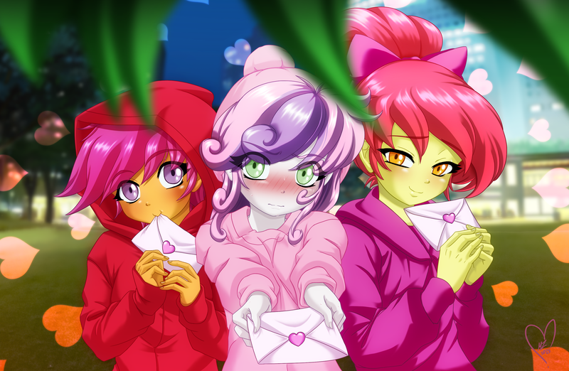 Size: 3000x1956 | Tagged: safe, alternate version, artist:mauroz, derpibooru import, apple bloom, scootaloo, spike, sweetie belle, human, equestria girls, g4, alternate hairstyle, apple bloom's bow, blushing, bow, clothes, cutie mark crusaders, female, floating heart, hair bow, heart, high res, holiday, hoodie, human spike, humanized, image, letter, looking at you, love letter, lucky bastard, male, male pov, offscreen character, offscreen male, outdoors, park, png, polyamory, pony coloring, pov, ribbon, scootaspike, ship:crusadespike, shipping, signature, spike gets all the fillies, spikebelle, spikebloom, straight, trio, trio female, valentine's day, valentine's day 2025