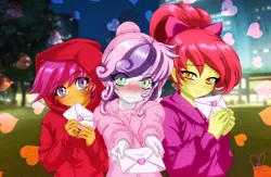 Size: 3000x1956 | Tagged: safe, alternate version, artist:mauroz, derpibooru import, apple bloom, scootaloo, sweetie belle, human, equestria girls, g4, alternate hairstyle, blushing, cutie mark crusaders, female, holiday, image, letter, looking at you, love letter, outdoors, png, trio, trio female, valentine's day, valentine's day 2025