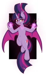 Size: 639x1037 | Tagged: safe, artist:lulubell, derpibooru import, twilight sparkle, alicorn, bat pony, bat pony alicorn, pony, g4, alternate eye color, bat wings, belly fluff, chest fluff, colored hooves, colored wings, curved horn, ear tufts, electricity, evil grin, evil twilight, eyeshadow, fangs, female, floating, grin, hooves, horn, image, looking at you, magic, makeup, mare, passepartout, png, smiling, solo, species swap, spread wings, two toned wings, underhoof, unshorn fetlocks, wings