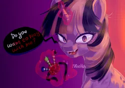 Size: 1418x1000 | Tagged: safe, artist:veelka, derpibooru import, twilight sparkle, alicorn, pony, unicorn, g1, g4, choose twilight sparkle, fangs, female, gag, horn, image, jpeg, looking at you, magic, mare, meme, pink mane, purple fur, purple mane, simple background, smiling, smiling at you, solo, yandere