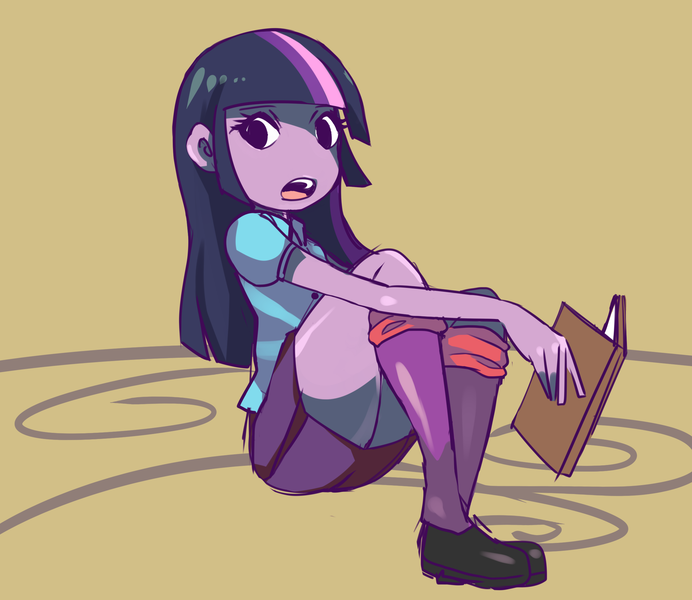 Size: 2316x2009 | Tagged: safe, artist:menma911, artist:okubobambooshoots, derpibooru import, twilight sparkle, human, equestria girls, g4, book, clothes, female, high res, image, no nose, open mouth, pleated skirt, png, shoes, simple background, sitting, skirt, skirt lift, socks, solo, thighs