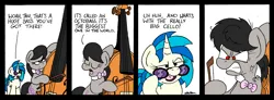 Size: 3414x1263 | Tagged: safe, artist:bobthedalek, derpibooru import, octavia melody, vinyl scratch, earth pony, pony, unicorn, g4, angry, bowtie, cello, comic, dexterous hooves, dialogue, duo, hoof hold, horn, image, messy mane, musical instrument, octavia is not amused, octobass, png, red eyes, unamused, vein bulge, vinyl's glasses