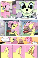 Size: 1800x2740 | Tagged: safe, artist:candyclumsy, derpibooru import, fluttershy, pinkie pie, earth pony, pegasus, pony, comic:one's true self, g4, bat ears, big eyes, cake, comic, cute, duo, ears, food, image, kitchen, png, refrigerator, sneezing, table, transformation