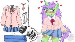 Size: 758x424 | Tagged: suggestive, artist:munchypony420, derpibooru import, oc, oc:munchy, unofficial characters only, anthro, unicorn, anthro oc, blushing, clothes, dressup, drugs, heart, horn, image, implied sex, marijuana, png, scrape, skirt, uniform