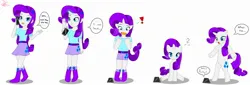 Size: 2544x860 | Tagged: safe, artist:tetokasane-04, derpibooru import, rarity, ponified, human, pony, unicorn, equestria girls, g4, bipedal, dialogue, equestria girls ponified, exclamation point, female, horn, human female, human pony rarity, human to pony, humanized, image, jpeg, looking at self, magic, magic aura, mare, mobile phone, open mouth, phone, question mark, simple background, sitting, smartphone, solo, speech bubble, transformation, transformation sequence, white background