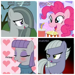 Size: 2090x2090 | Tagged: safe, artist:badumsquish, derpibooru import, limestone pie, marble pie, maud pie, pinkie pie, earth pony, pony, g4, 4 panel comic, blushing, cake, cake slice, comic, cotton candy, derpibooru exclusive, dialogue, drink, eyes closed, eyeshadow, female, food, heart, image, implied mudbriar, implied straight, makeup, mare, ominous, one of these things is not like the other, open mouth, open smile, pie sisters, png, popcorn, rock farm, show accurate, siblings, sisters, smiling, soda, talking to each other, unamused