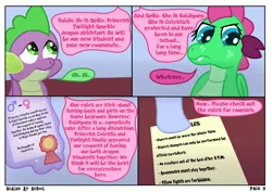 Size: 4960x3508 | Tagged: safe, artist:sweetielover, derpibooru import, spike, oc, oc:goldigony, dragon, comic:scales at school, g4, bedroom, comic, document, female, high res, hooves, image, indoors, male, paper, png, school, webcomic