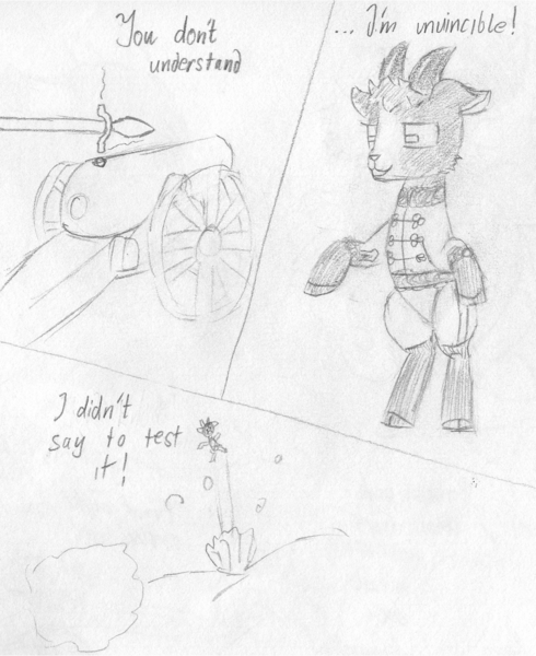 Size: 1080x1322 | Tagged: safe, artist:mannitenerisunt, derpibooru import, oc, oc:joar, unofficial characters only, goat, 3 panel comic, artillery, boots, cannon, clothes, cloven hooves, comic, goat oc, grin, horns, image, linstock, military uniform, pelisse, pencil drawing, png, rearing, rectangular pupil, shoes, smiling, solo, traditional art, uniform