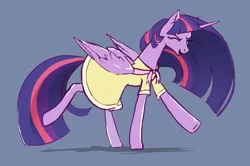 Size: 1265x838 | Tagged: safe, artist:nadnerbd, derpibooru import, princess twilight 2.0, twilight sparkle, twilight sparkle (alicorn), alicorn, pony, g4, the last problem, birthday dress, blue background, clothes, dancing, do the sparkle, dress, eyes closed, image, older, older twilight, older twilight sparkle (alicorn), open mouth, open smile, png, silly, simple background, smiling, solo, standing on two hooves