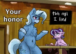 Size: 2075x1474 | Tagged: safe, artist:reddthebat, derpibooru import, starlight glimmer, trixie, anthro, pony, unicorn, g4, belly, belly button, bipedal, chest fluff, courtroom, duo, duo female, female, floppy ears, gritted teeth, horn, image, jpeg, mare, pinpoint eyes, solo focus, teeth, unshorn fetlocks