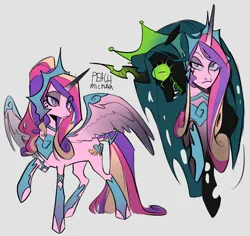 Size: 2048x1934 | Tagged: safe, artist:peachmichea, derpibooru import, princess cadance, queen chrysalis, alicorn, changeling, changeling queen, pony, g4, alternate hairstyle, alternate universe, cadalis, cadance is not amused, crown, duo, duo female, evil cadance, eyeshadow, fangs, female, gray background, hoof shoes, image, infidelity, jewelry, jpeg, lesbian, makeup, mare, open mouth, ponytail, regalia, shipping, simple background, unamused