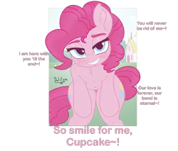 Size: 3644x3111 | Tagged: safe, artist:datzigga, derpibooru import, pinkie pie, semi-anthro, g4, bent over, blushing, breaking the fourth wall, dialogue, image, leaning forward, looking at you, png, solo