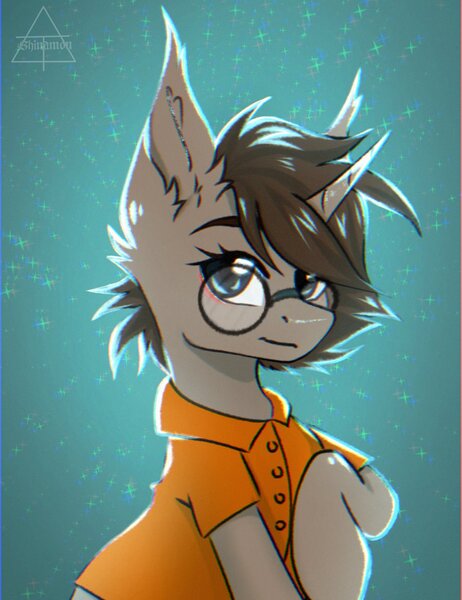 Size: 1577x2048 | Tagged: safe, artist:shinech9, ponerpics import, oc, unofficial characters only, pony, abstract background, clothes, female, glasses, image, jpeg, mare, prison outfit, solo