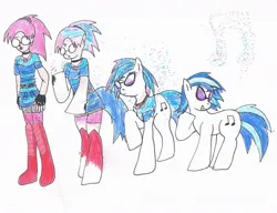 Size: 1024x786 | Tagged: safe, artist:blurryhooves-corner, artist:jonesycat79, derpibooru import, vinyl scratch, oc, oc:emily, human, pony, unicorn, g4, disappearing clothes, female, horn, human to pony, image, jpeg, traditional art, transformation, transformation sequence