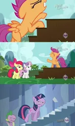 Size: 500x842 | Tagged: safe, derpibooru import, edit, edited screencap, screencap, apple bloom, scootaloo, spike, sweetie belle, twilight sparkle, dragon, earth pony, pegasus, pony, unicorn, flight to the finish, g4, season 3, season 4, the crystal empire, cutie mark crusaders, female, filly, foal, hub logo, image, jpeg, logo, male, mare, meme face, my little pony, new episode, stairs, the hub, unicorn twilight