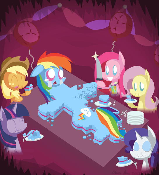 Size: 5100x5610 | Tagged: semi-grimdark, artist:cazra, derpibooru import, applejack, fluttershy, pinkie pie, rainbow dash, rarity, twilight sparkle, ponified, food pony, original species, pony, fanfic, fanfic:cupcakes, fanfic:rocket to insanity, g4, absurd resolution, alice in wonderland, cake, cake slice, cannibalism, cellular peptide cake (with mint frosting), clothes, crying, cutie mark dress, d:, dress, eating, fanfic art, floppy ears, food, food art, food transformation, grin, image, implied cannibalism, inanimate tf, inanimate transformation, licking, licking lips, mane six, nightmare fuel, open mouth, pinkamena diane pie, png, pointy ponies, rainbow cake, smiling, star trek, star trek: the next generation, table, tom petty, tongue out, transformation, wat