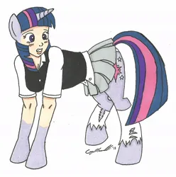 Size: 996x1006 | Tagged: safe, artist:cqmorrell, derpibooru import, twilight sparkle, human, pony, unicorn, g4, blouse, blush lines, blushing, button-up shirt, clothes, female, gritted teeth, horn, human to pony, image, jpeg, light skin, looking at self, mid-transformation, pleated skirt, raised leg, ripping clothes, shirt, shocked, signature, simple background, skirt, socks, solo, teeth, traditional art, transformation, vest, what has science done, white background