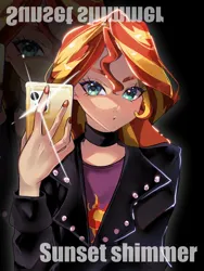 Size: 1536x2048 | Tagged: safe, artist:g5p7r, derpibooru import, sunset shimmer, human, equestria girls, g4, choker, clothes, cyan eyes, female, fingernails, humanized, image, jacket, jpeg, leather, leather jacket, looking at you, mobile phone, phone, selfie, simple background, solo, solo female, text, two toned hair