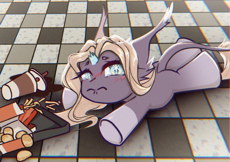 Size: 2048x1442 | Tagged: safe, artist:shinech9, ponerpics import, oc, unofficial characters only, pony, female, food, image, jpeg, lying down, mare, on floor, solo, upset