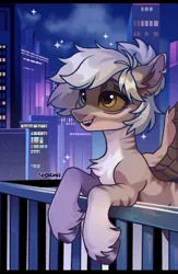 Size: 2591x3977 | Tagged: safe, artist:mouschii, derpibooru import, oc, oc:amyquel, unofficial characters only, pegasus, pony, zebra, city, ear piercing, earring, female, hair bun, heterochromia, image, jewelry, leaning, leaning on, leaning on railings, mare, pegasus oc, piercing, png, pony oc, smiling, solo, spread wings, wings, zebra oc