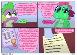 Size: 4960x3508 | Tagged: safe, artist:sweetielover, derpibooru import, spike, oc, oc:goldigony, dragon, comic:scales at school, g4, bedroom, comic, document, female, high res, hooves, image, indoors, male, paper, png, school, webcomic