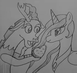 Size: 1280x1215 | Tagged: safe, artist:lunashy21, derpibooru import, discord, princess celestia, alicorn, draconequus, pony, g4, the break up breakdown, dislestia, duo, duo male and female, female, folded wings, heart shaped cake, heart shaped pie, hearts and hooves day, image, jpeg, male, male and female, mare, mia source, monochrome, my little pony, requested art, requester:railpony, requester:taionafan369, shipping, solo, straight, traditional art, wings