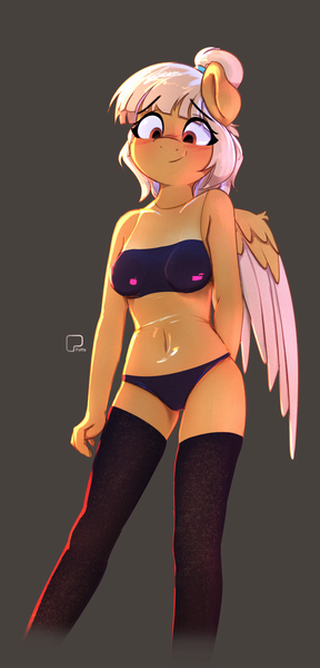 Size: 1694x3530 | Tagged: suggestive, alternate version, artist:potato22, derpibooru import, oc, oc:mareota, unofficial characters only, anthro, pegasus, anthro oc, clothes, female, gray background, image, panties, png, simple background, socks, solo, thigh highs, underwear