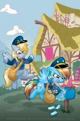 Size: 527x800 | Tagged: safe, artist:mary bellamy, derpibooru import, derpy hooves, rainbow dash, pegasus, pony, g4, bag, duo, duo female, female, image, jpeg, mail, mailbag, mailbox, mailmare, obtrusive watermark, ponyville, tongue out, watermark