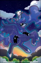 Size: 688x1044 | Tagged: safe, artist:mary bellamy, derpibooru import, princess luna, tiberius, alicorn, g4, dark sky, flying, image, jpeg, mane, mountain, mountain range, stars, sunrise, tree